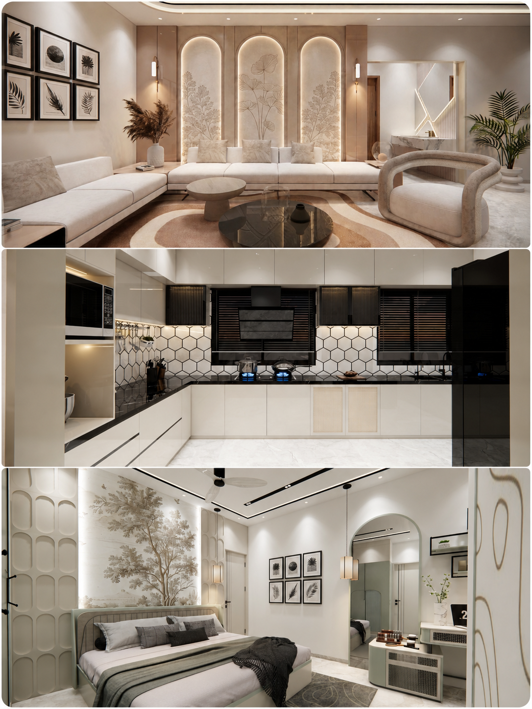 Interior Elevation luxury living room, kitchen and bedroom designs