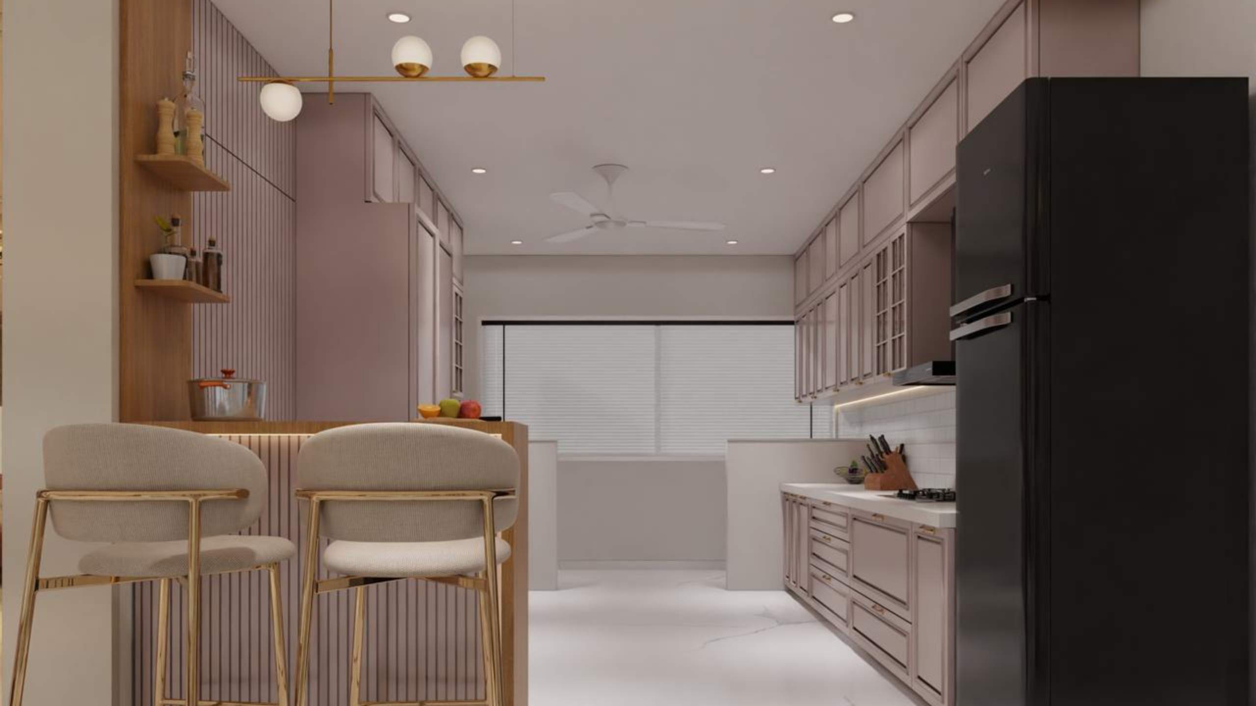 Contemporary kitchen cabinets, countertop and lighting