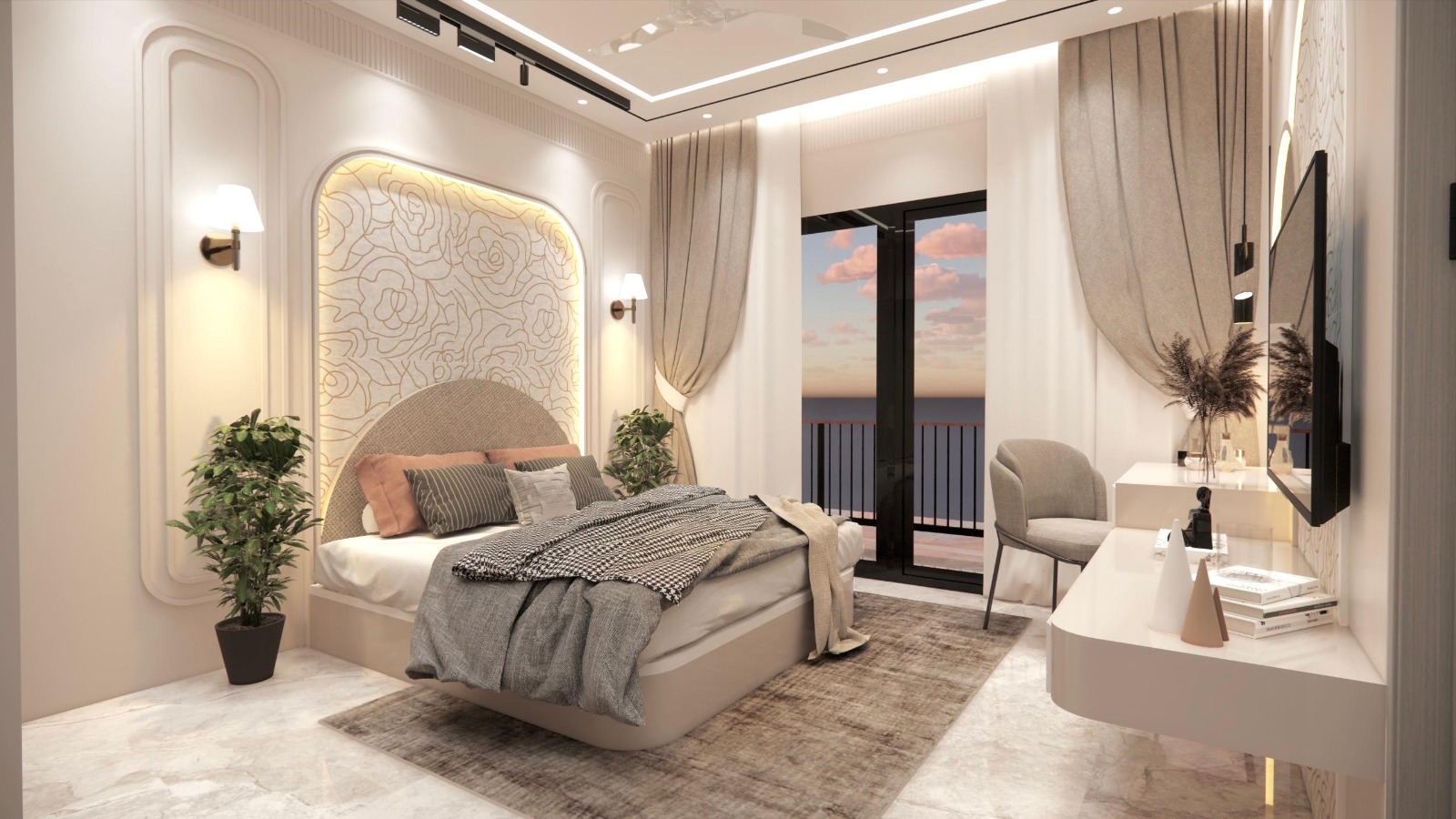 Calm bedroom with coordinated furniture and lighting